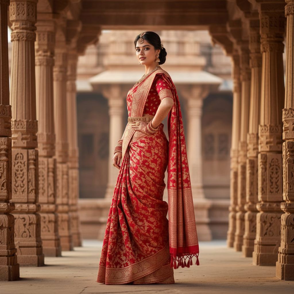 Women's Litchi silk Printed Saree With Unstitched Blouse (Red)