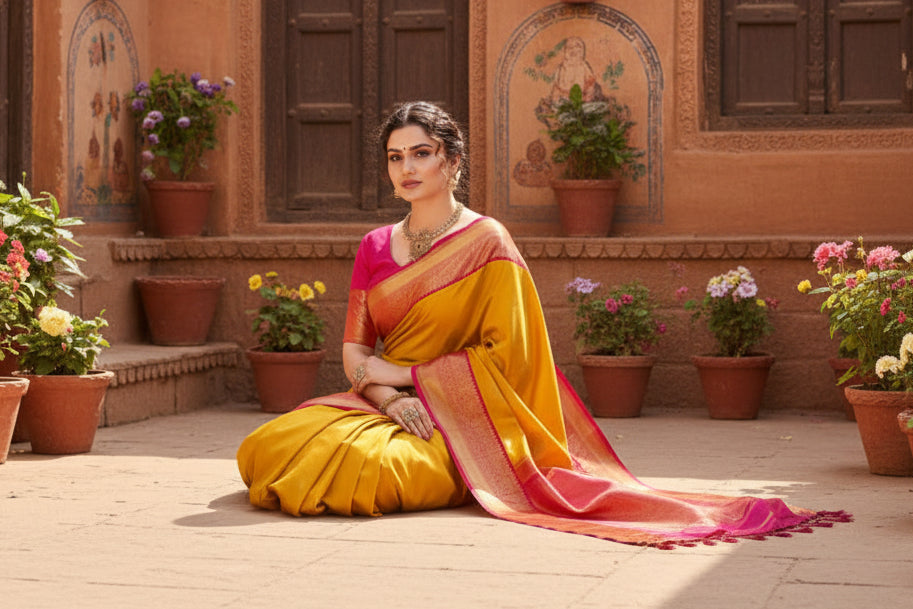 Women's Litchi silk Printed Saree With Unstitched Blouse (Yellow) Kashvii