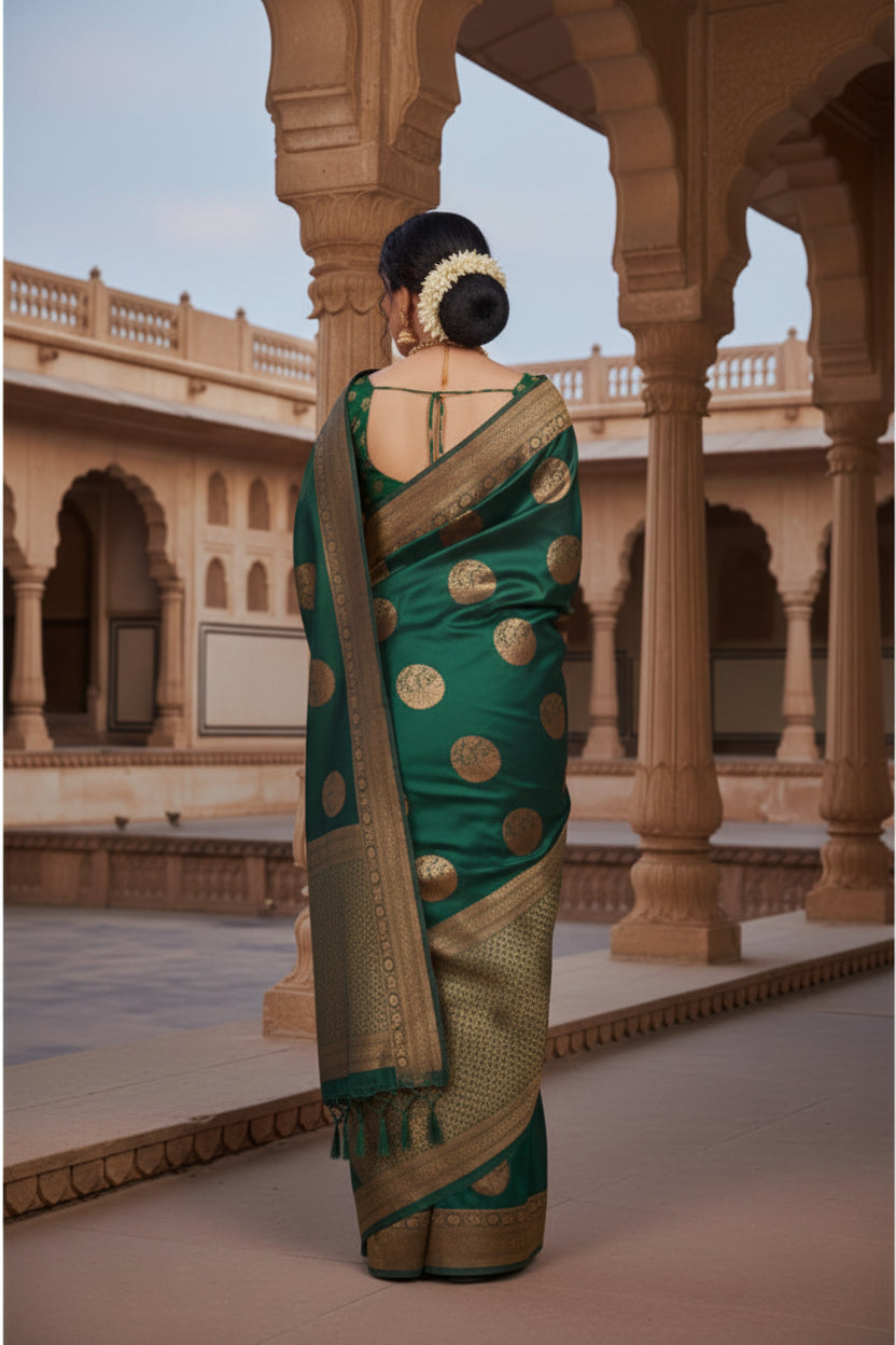 Women's Litchi silk Printed Saree With Unstitched Blouse (Green)