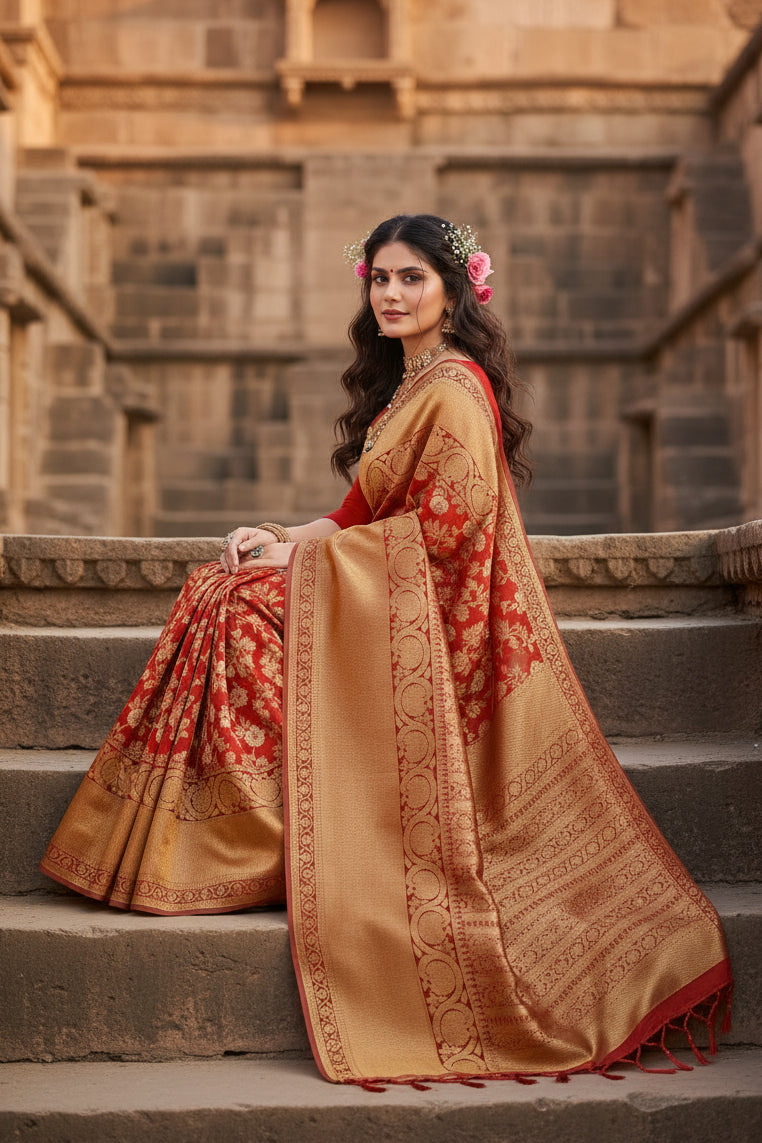 Women's litchi silk printed saree with unstitched blouse (red) kashvii
