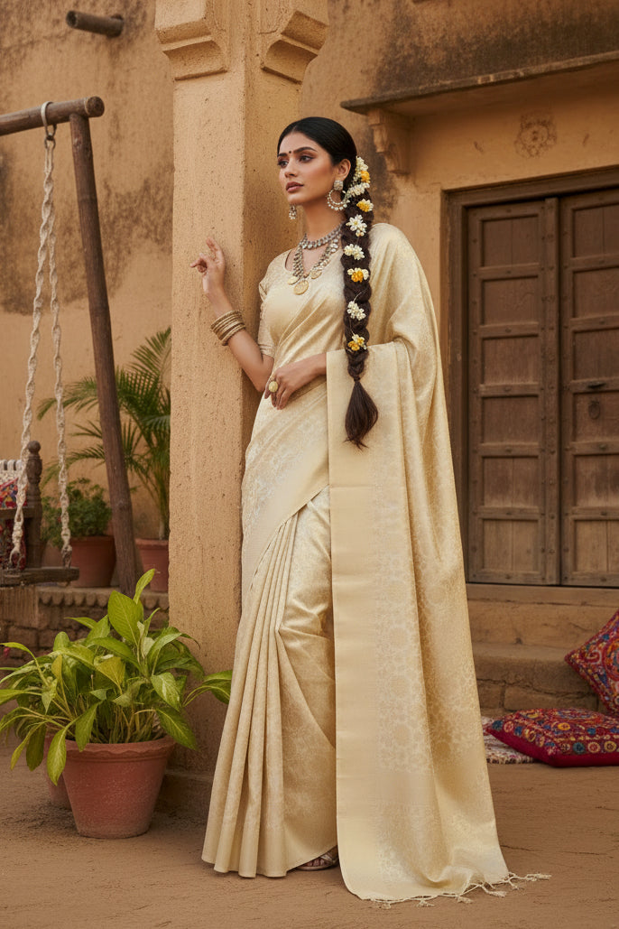 Women's Litchi silk Printed Saree With Unstitched Blouse (Gold) Kashvii