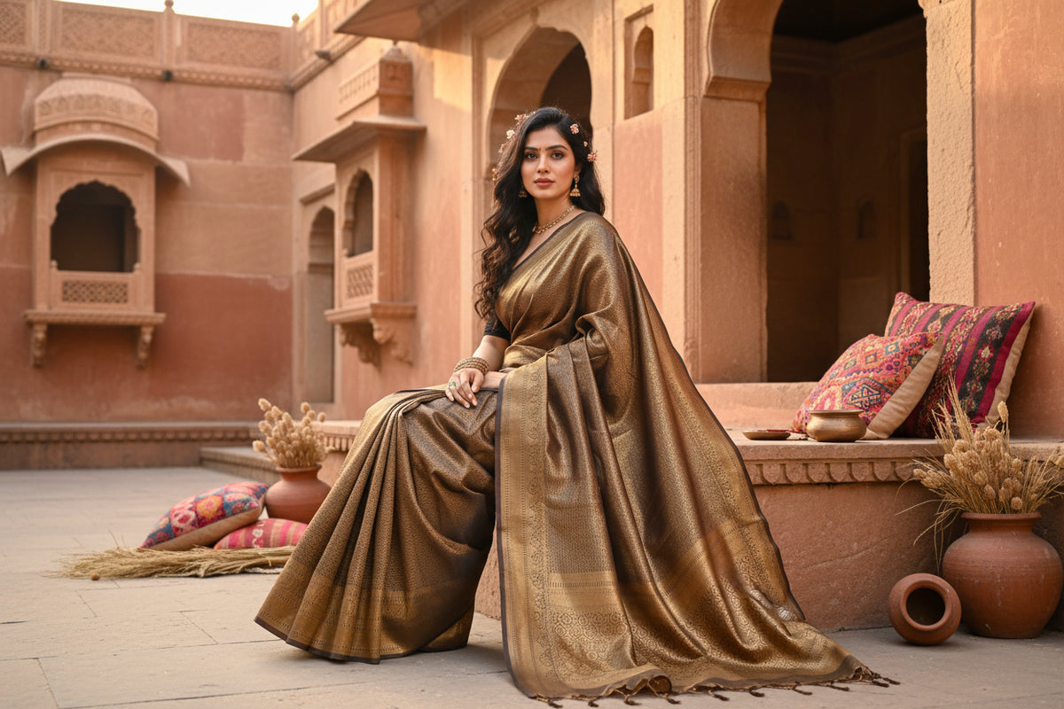 Women's litchi silk printed saree with unstitched blouse (gold) kashvii