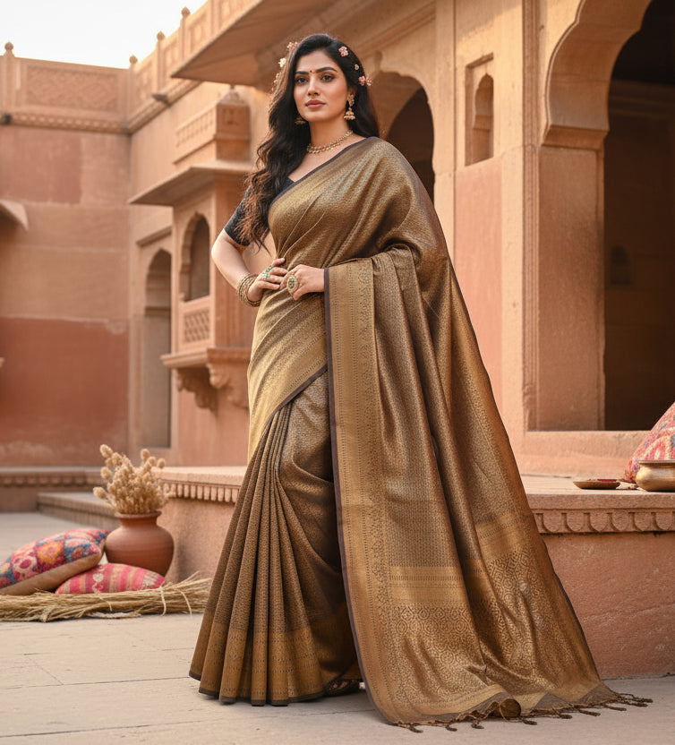 Women's Litchi silk Printed Saree With Unstitched Blouse (Gold) Kashvii