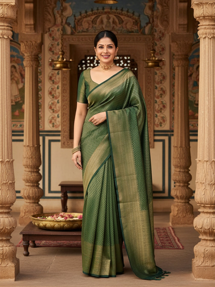 Women's litchi silk printed saree with unstitched blouse (green) kashvii