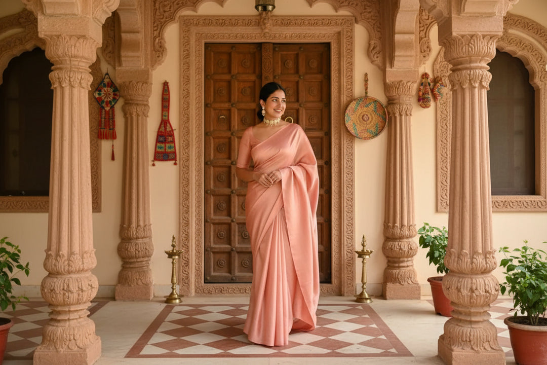 Women's Litchi silk Printed Saree With Unstitched Blouse (Peach) Kashvii