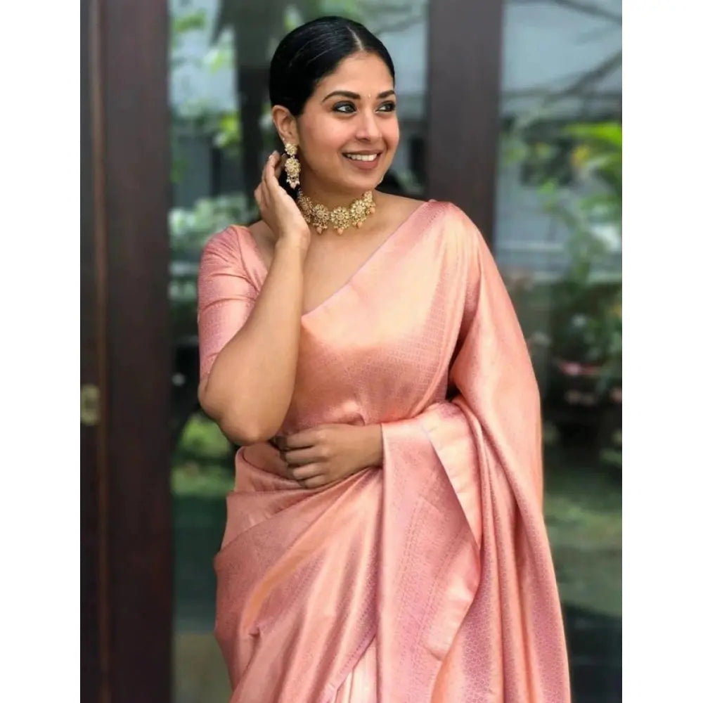 Women's Litchi silk Printed Saree With Unstitched Blouse (Peach) Kashvii