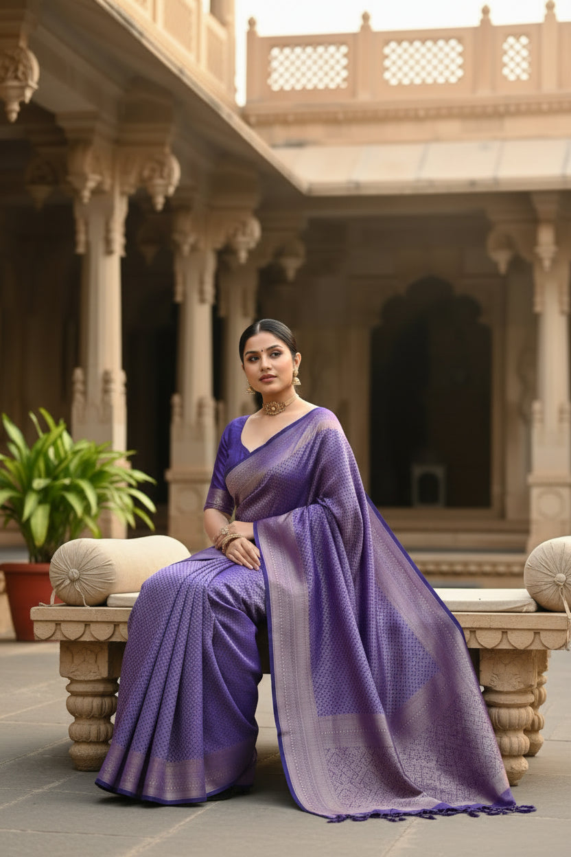 Women's Litchi silk Printed Saree With Unstitched Blouse (Purple) Kashvii