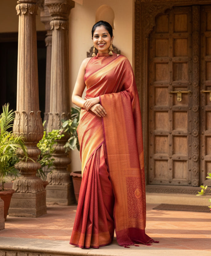 Women's Litchi silk Printed Saree With Unstitched Blouse (Red) Kashvii