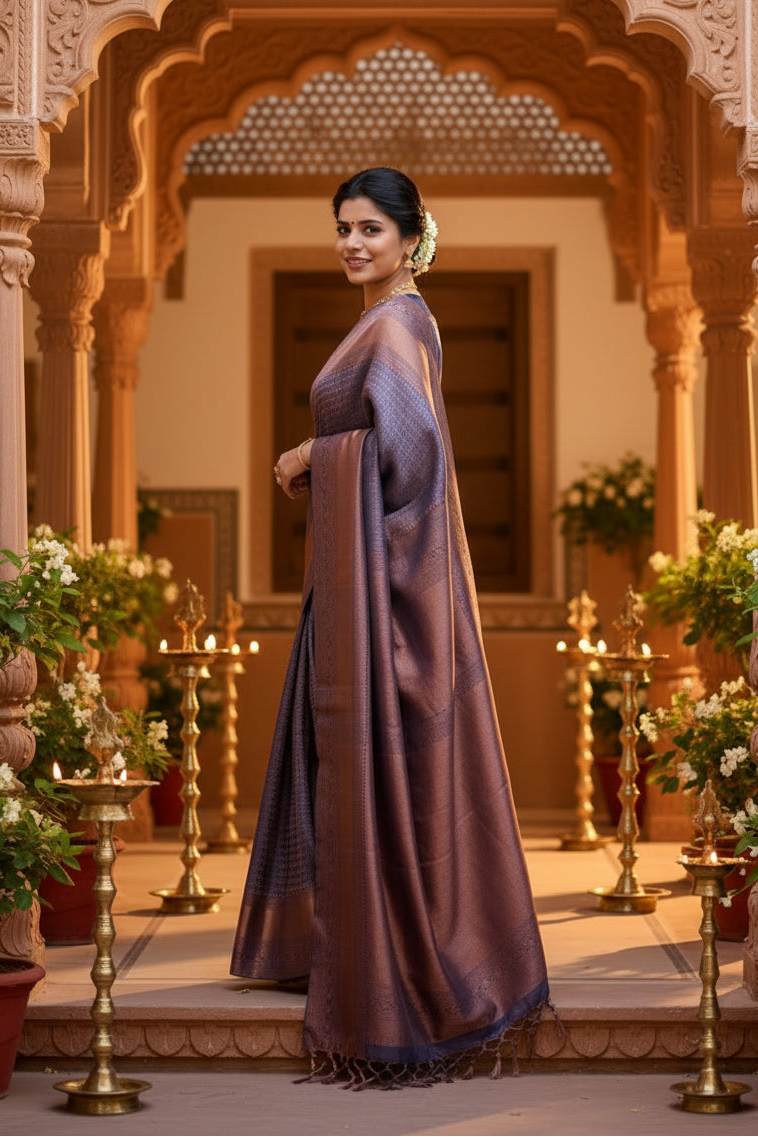 Women's Litchi silk Printed Saree With Unstitched Blouse (Navy Blue)
