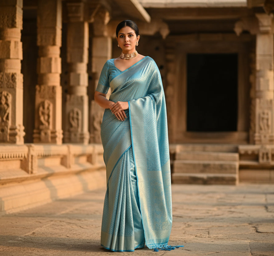 Women's litchi silk printed saree with unstitched blouse (sky blue) kashvii