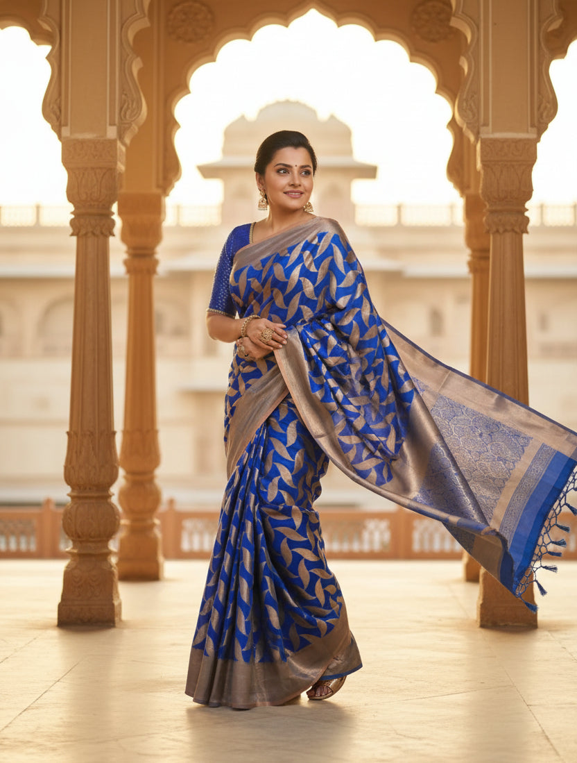 Women's Litchi silk Printed Saree With Unstitched Blouse (Blue) Kashvii