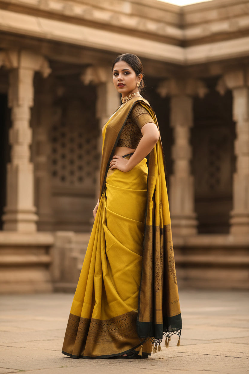 Women's Litchi silk Printed Saree With Unstitched Blouse (Yellow) Kashvii