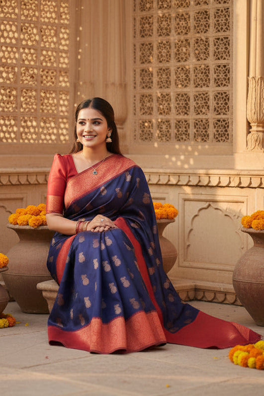 Women's Litchi Silk Printed Saree With Unstitched Blouse (Blue)