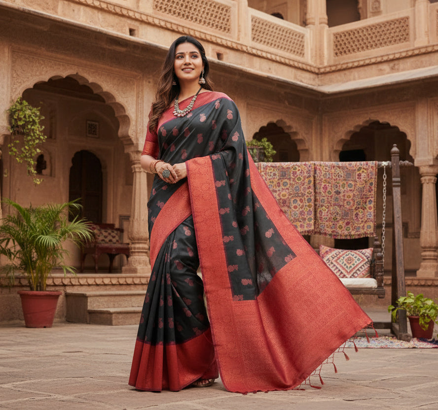 Women's Litchi silk Printed Saree With Unstitched Blouse (Grey) Kashvii