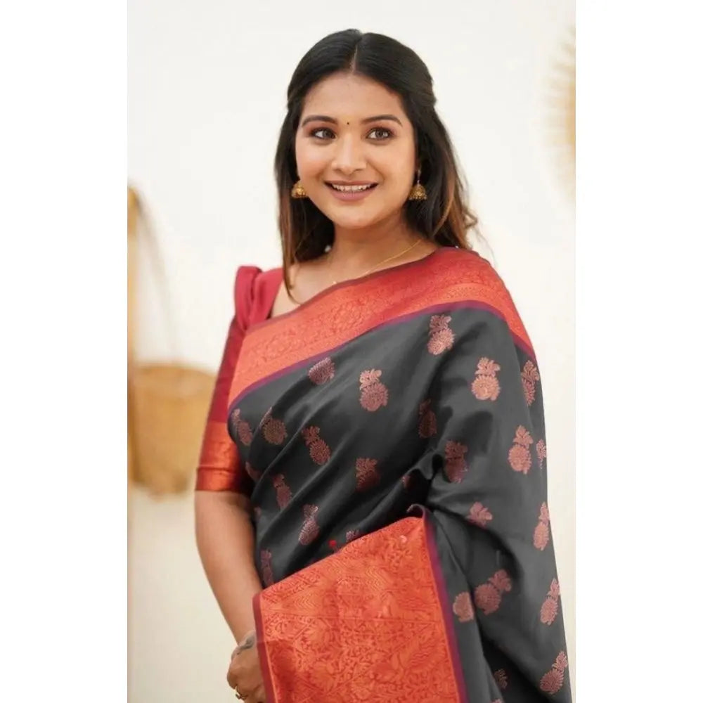 Women's Litchi silk Printed Saree With Unstitched Blouse (Grey) Kashvii