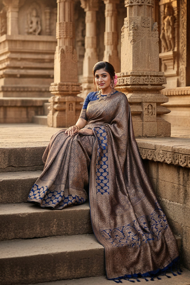 Women's Litchi silk Printed Saree With Unstitched Blouse (Blue) Kashvii