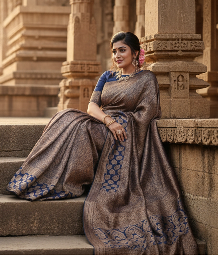 Women's litchi silk printed saree with unstitched blouse (blue)