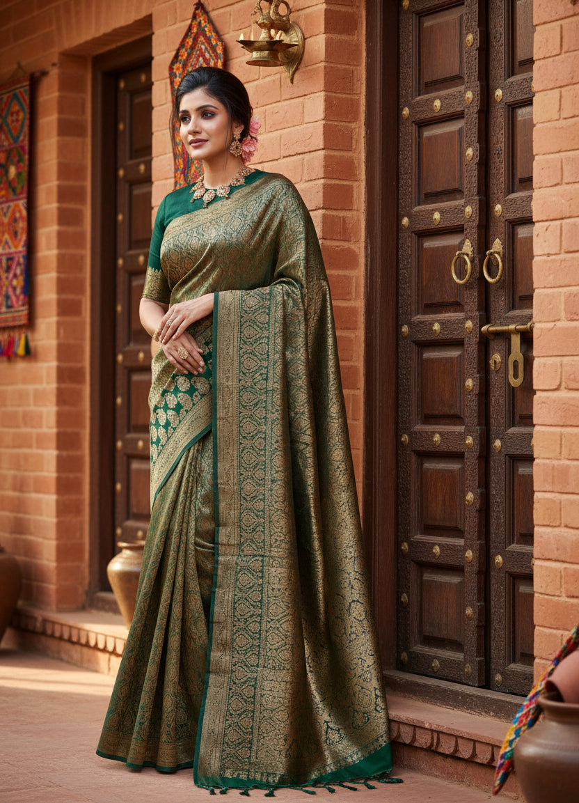 Women's Litchi silk Printed Saree With Unstitched Blouse (Green) Kashvii