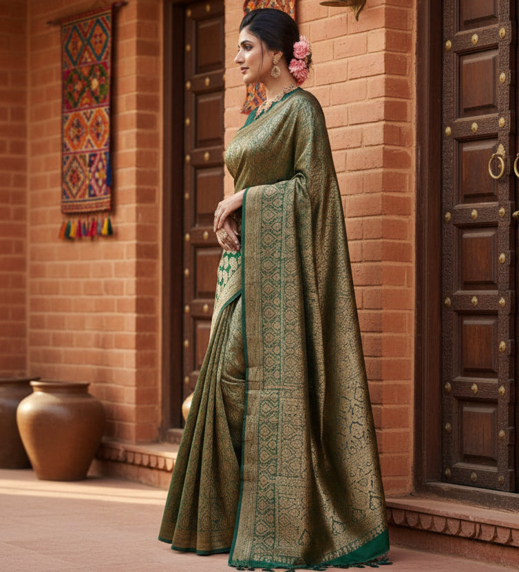 Women's Litchi silk Printed Saree With Unstitched Blouse (Green)