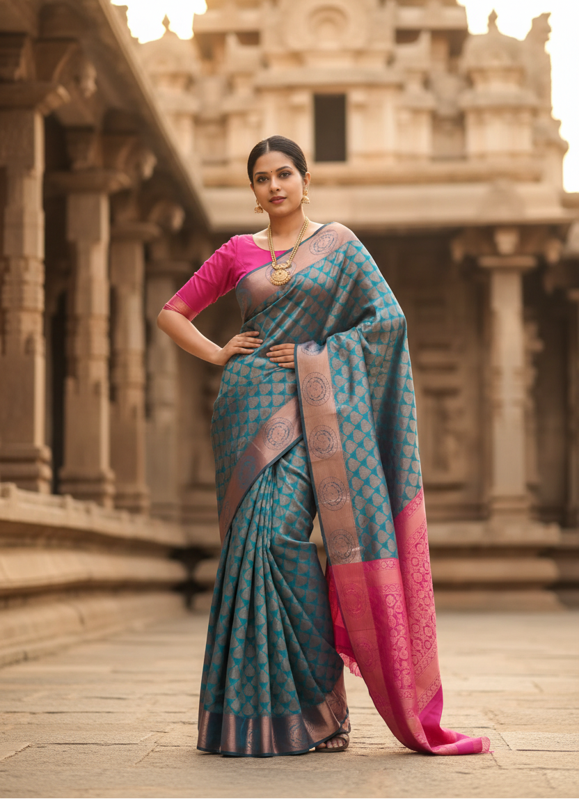 Women's litchi silk printed saree with unstitched blouse (blue) kashvii