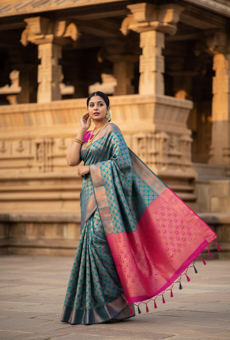 Women's litchi silk printed saree with unstitched blouse (blue) kashvii