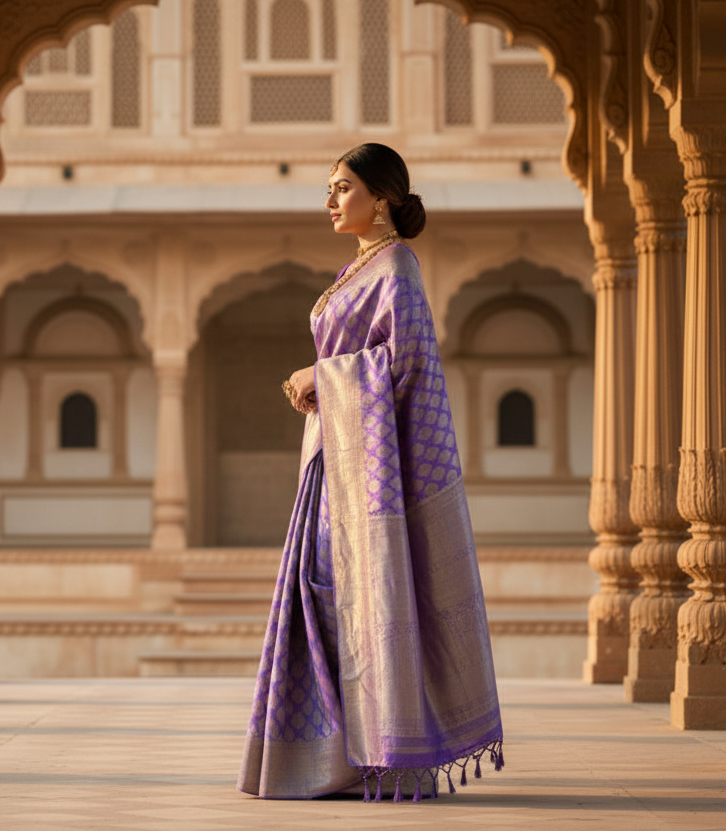 Women's litchi silk printed saree with unstitched blouse (blue)