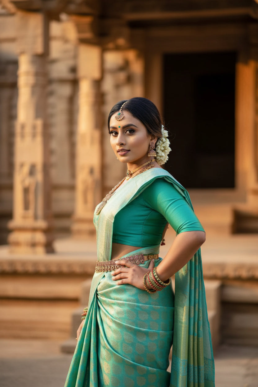 Women's Litchi silk Printed Saree With Unstitched Blouse (Green) Kashvii