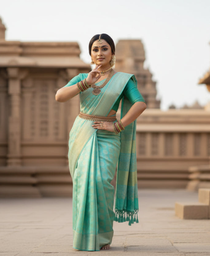 Women's Litchi silk Printed Saree With Unstitched Blouse (Green)
