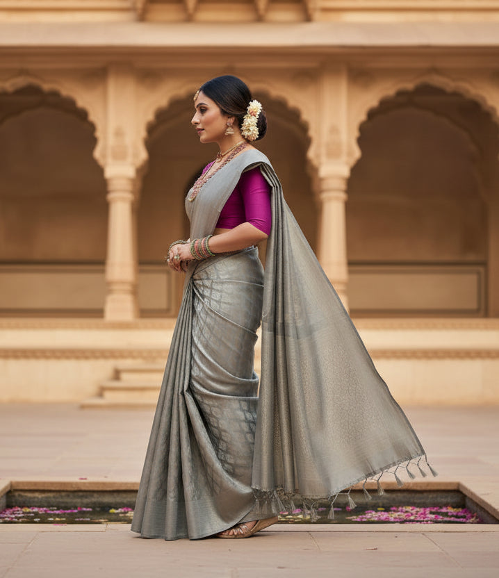 Women's litchi silk printed saree with unstitched blouse (grey)