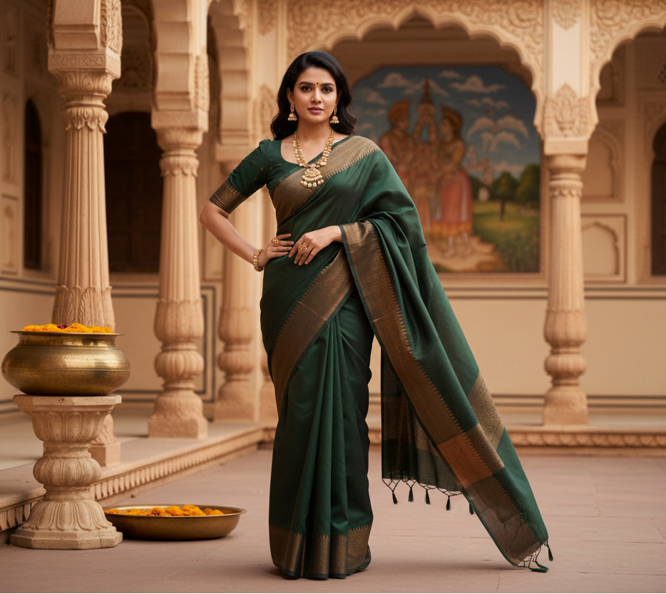 Women's Litchi silk Printed Saree With Unstitched Blouse (Green) Kashvii