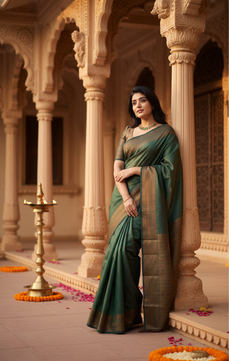 Women's Litchi silk Printed Saree With Unstitched Blouse (Green) Kashvii