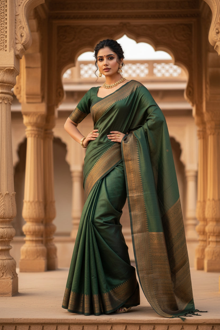 Women's Litchi silk Printed Saree With Unstitched Blouse (Green) Kashvii