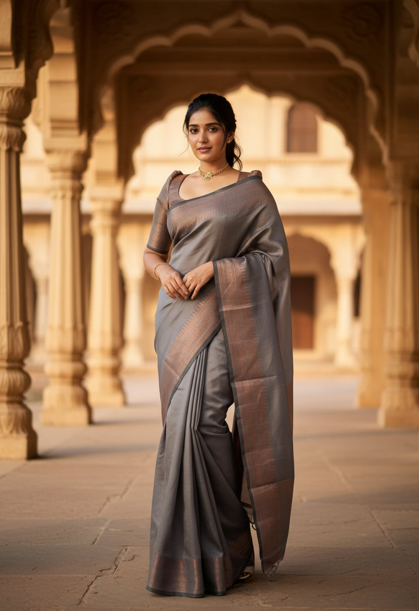 Women's Litchi silk Printed Saree With Unstitched Blouse (Grey) Kashvii