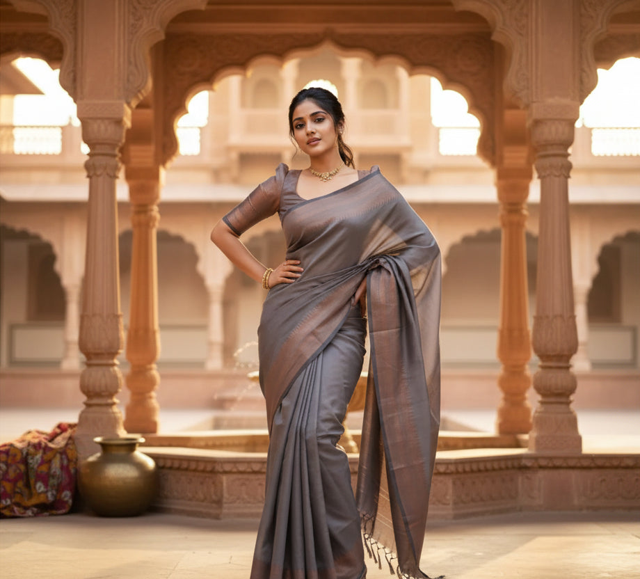 Women's Litchi silk Printed Saree With Unstitched Blouse (Grey) Kashvii