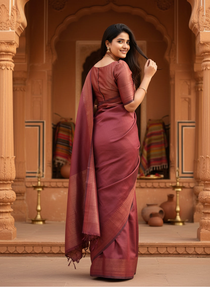 Women's Litchi silk Printed Saree With Unstitched Blouse (Maroon) Kashvii