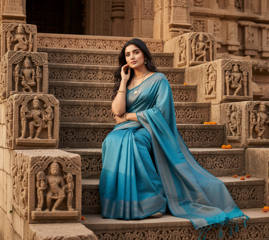 Women's litchi silk printed saree with unstitched blouse (rama blue)