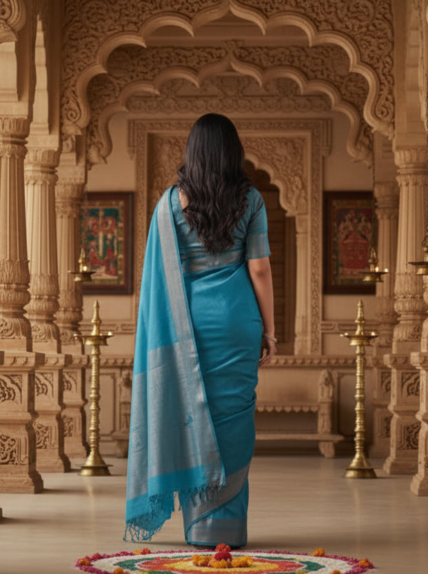 Women's Litchi silk Printed Saree With Unstitched Blouse (Rama Blue)