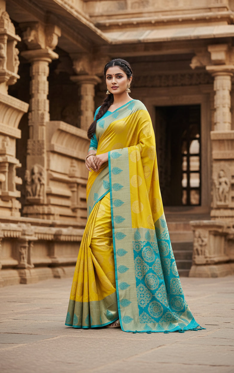 Women's Litchi silk Printed Saree With Unstitched Blouse (Yellow) Kashvii