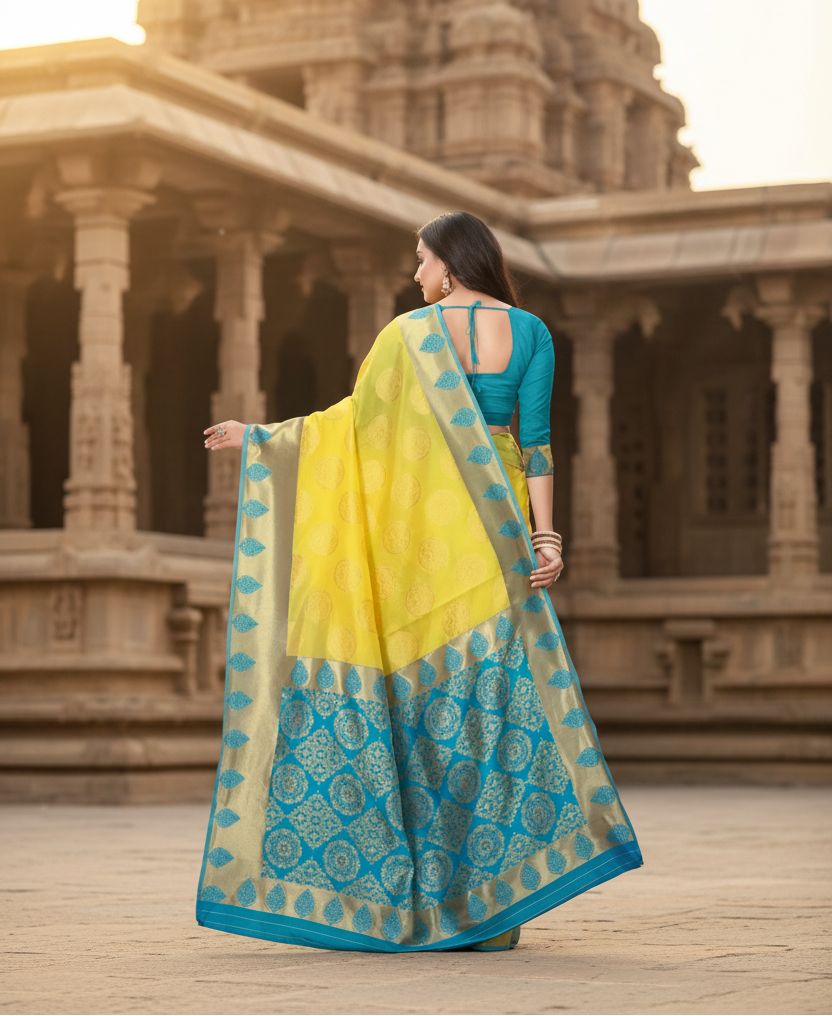 Women's Litchi silk Printed Saree With Unstitched Blouse (Yellow) Kashvii