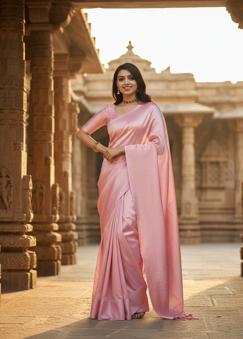 Women's litchi silk printed saree with unstitched blouse (light pink) kashvii
