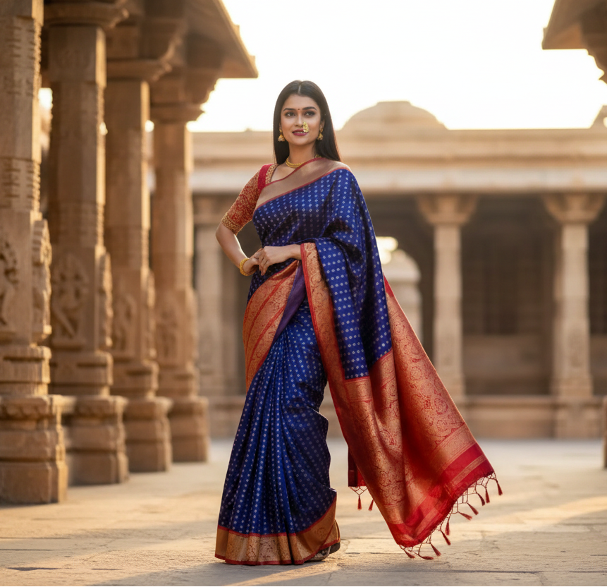 Women's Litchi silk Printed Saree With Unstitched Blouse (Blue) Kashvii
