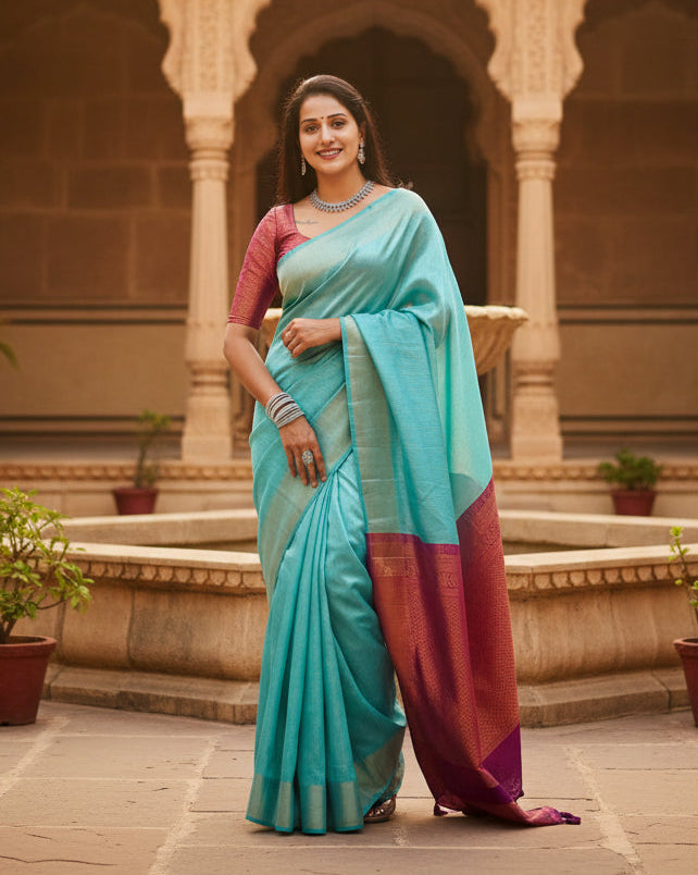 Women's litchi silk printed saree with unstitched blouse (blue) kashvii