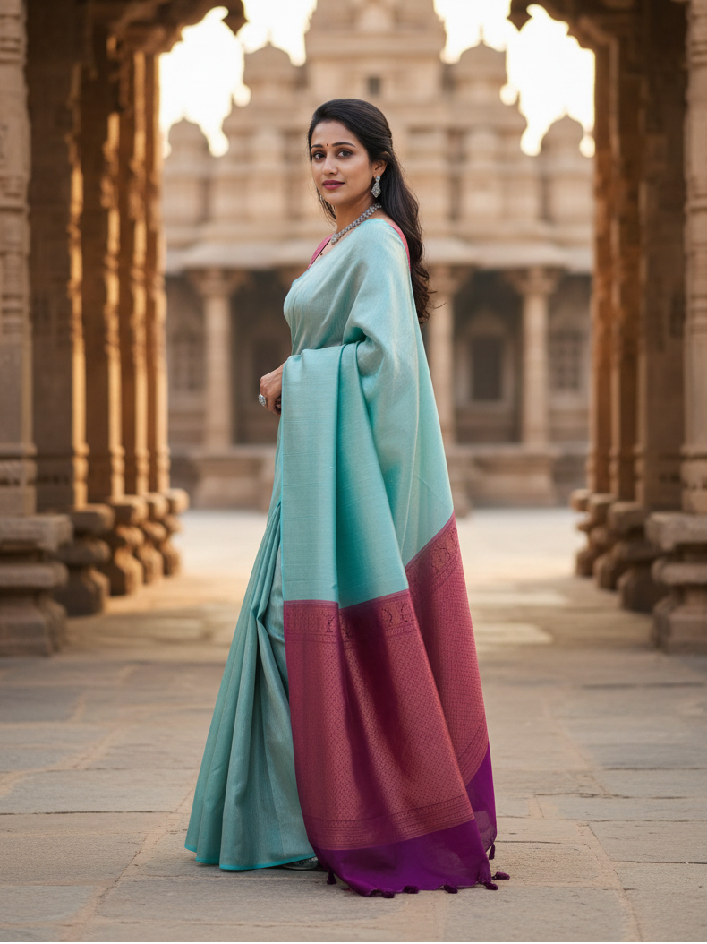 Women's Litchi silk Printed Saree With Unstitched Blouse (Blue) Kashvii