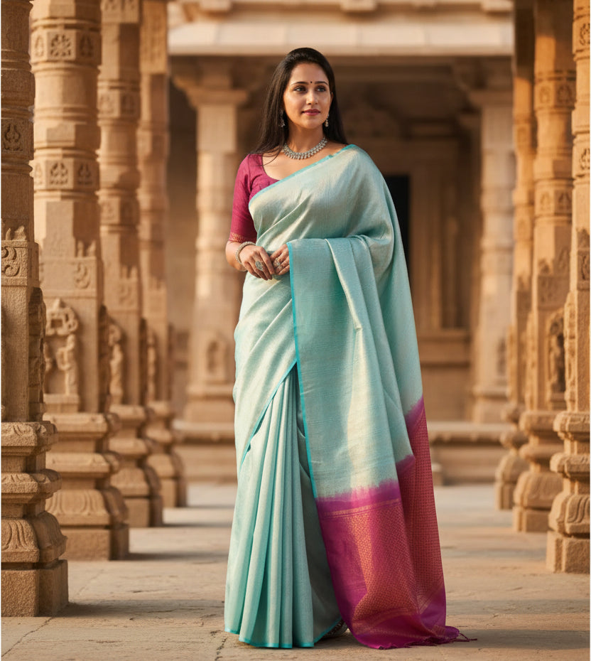 Women's Litchi silk Printed Saree With Unstitched Blouse (Blue) Kashvii