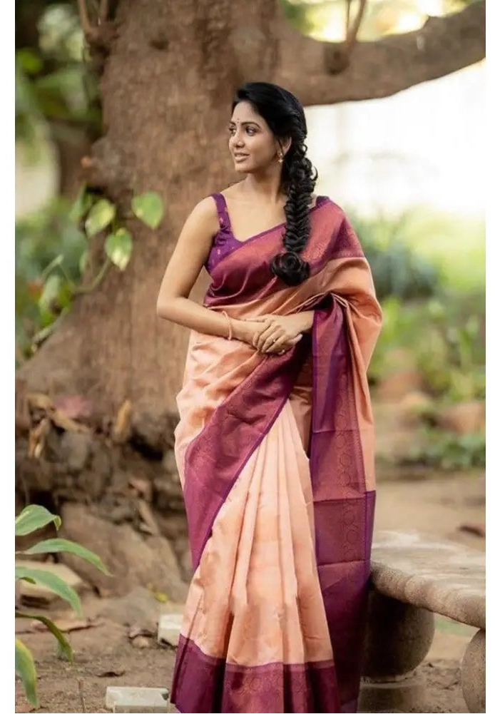 Women's Litchi silk Printed Saree With Unstitched Blouse (Beige) Kashvii