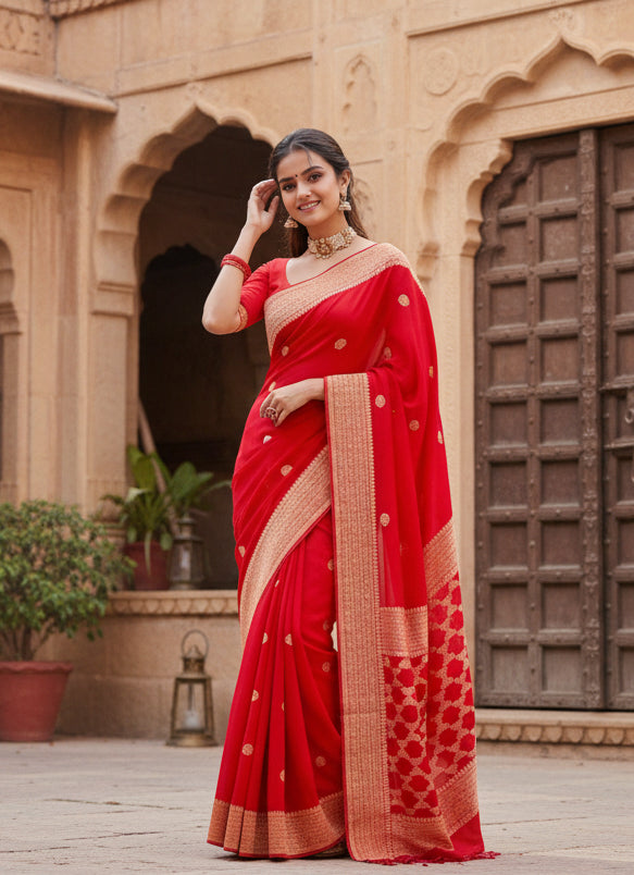 Women's litchi silk printed saree with unstitched blouse (red) kashvii