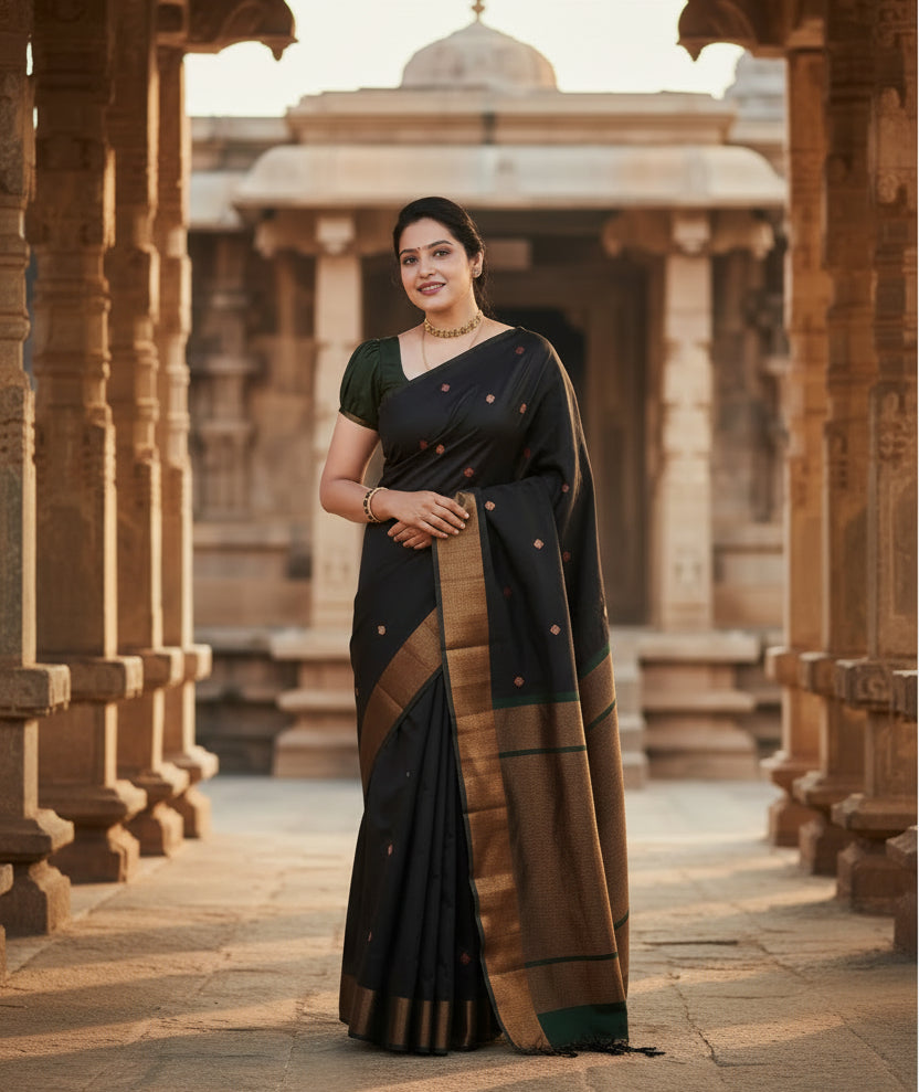 Women's Litchi silk Printed Saree With Unstitched Blouse (Black) Kashvii
