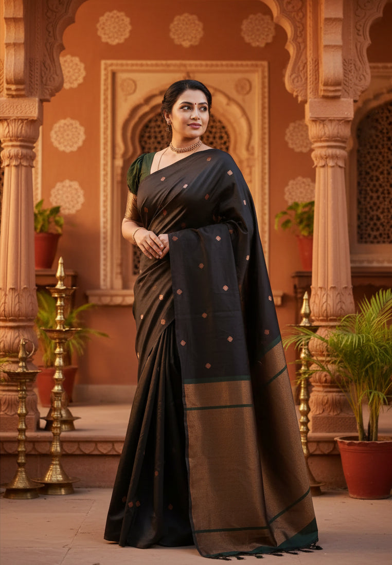 Women's Litchi silk Printed Saree With Unstitched Blouse (Black) Kashvii