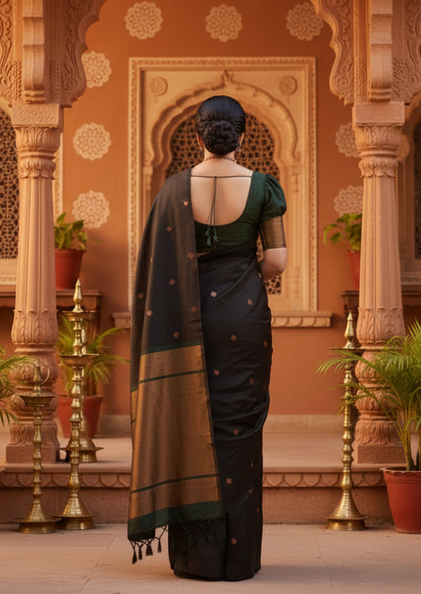 Women's Litchi silk Printed Saree With Unstitched Blouse (Black)