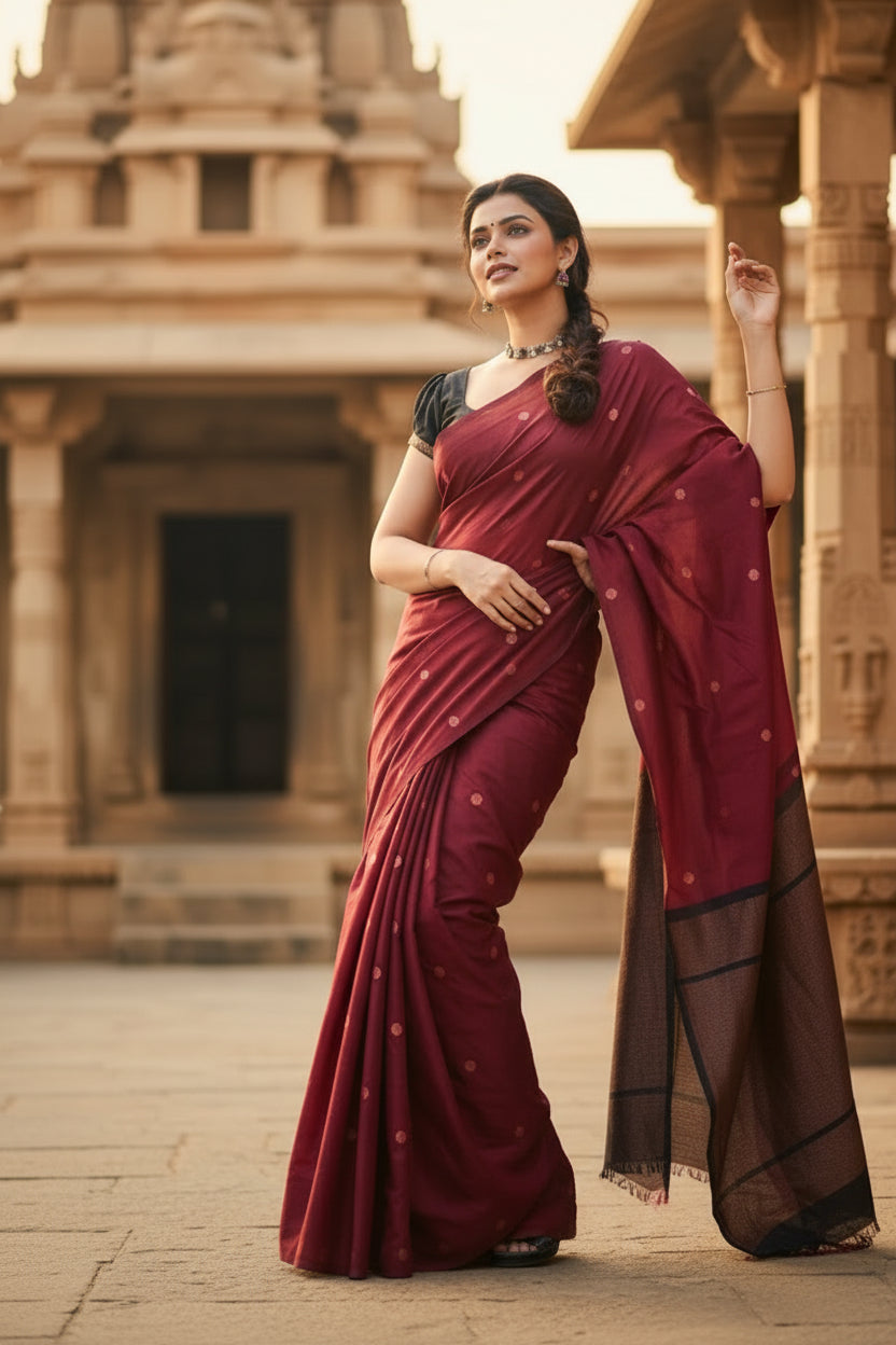 Women's Litchi silk Printed Saree With Unstitched Blouse (Red)